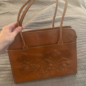 Patricia Nash Cognac Leather Floral Embossed/Tooled shoulder bag 13x11x5